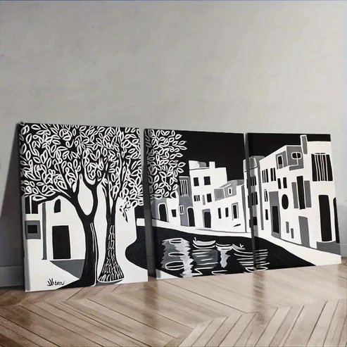 3pcs Ancient city canal Black White Trees Wall Art Canvas Wall Art Set Canvas Framed 50x70cm – High Quality Print 100% Australian Made Wall Canvas Ready to Hang