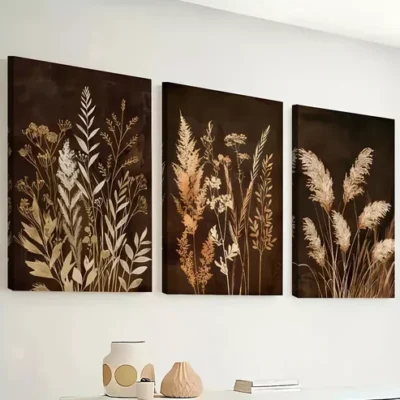 3pcs Retro style grass dry flowers Brownish Wall Art Set Canvas Framed 40x60cm - High Quality Print 100% Australian Made Wall Canvas Ready to Hang