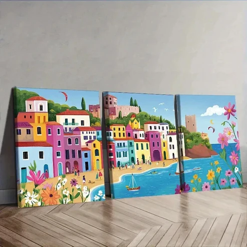 3pcs Vibrant Mediterranean Town Wall Art Set Canvas Framed 50x70cm – High Quality Print 100% Australian Made Wall Canvas Ready to Hang