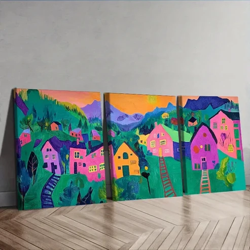 3pcs Colorful Mountain & House Scenes Wall Art Set Canvas Framed 50x70cm – High Quality Print 100% Australian Made Wall Canvas Ready to Hang