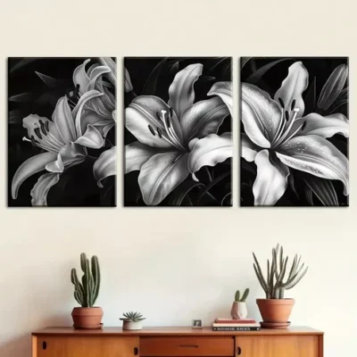 3pcs Modern Minimalist Black And White Floral Wall Art Set Canvas Framed 40x60cm - High Quality Print 100% Australian Made Wall Canvas Ready to Hang