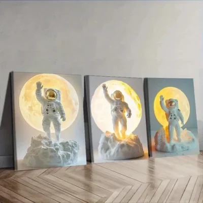 3pcs Cartoon Astronauts on the Moon Wall Art Set Canvas Framed 50x70cm - High Quality Print 100% Australian Made Wall Canvas Ready to Hang