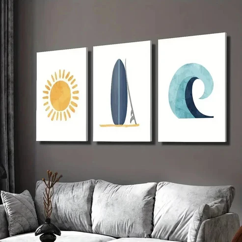3pcs orange sun sunshine doodle, blue surfboard Wall Art Set Canvas Framed 50x70cm – High Quality Print 100% Australian Made Wall Canvas Ready to Hang