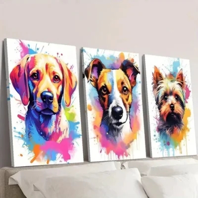 3pcs Vibrant Dog Portrait Adorable Puppies Wall Art Set Canvas Framed 50x70cm - High Quality Print 100% Australian Made Wall Canvas Ready to Hang