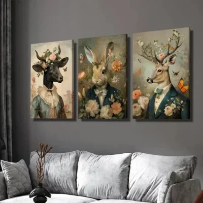 3pcs 2D Victorian Animal Portraits, Animal Wall Art Set Canvas Framed 40x60cm - High Quality Print 100% Australian Made Wall Canvas Ready to Hang