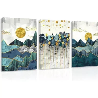 3pcs Abstract Painting Golden Sun Geometric Mountain Canvas Framed 40x60cm - High Quality Print 100% Australian Made Wall Canvas Ready to Hang