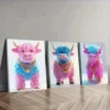 3pcs Pink Highland Cattle Wall Art Set Canvas Framed 50x70cm - High Quality Print 100% Australian Made Wall Canvas Ready to Hang