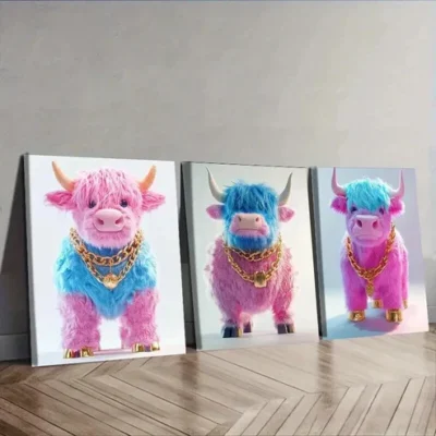 3pcs Pink Highland Cattle Wall Art Set Canvas Framed 50x70cm - High Quality Print 100% Australian Made Wall Canvas Ready to Hang