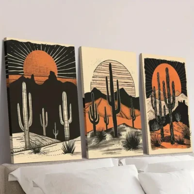3pcs Desert Cactus Sunset Wall Art Set Canvas Framed 40x60cm - High Quality Print 100% Australian Made Wall Canvas Ready to Hang