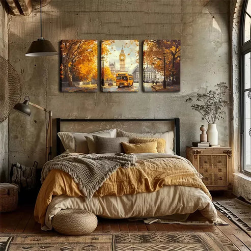 3pcs Refreshing, Autumn In London, Bus Wall Art Set Canvas Framed 40x60cm – High Quality Print 100% Australian Made Wall Canvas Ready to Hang