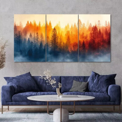 Colorful Misty Forest 3 Piece Painting Style Art Canvas Framed 50x70cm- High Quality Print 100% Australian Made Wall Canvas Ready to Hang