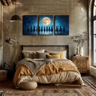 3pcs A Row Of Cats Looking Up At The Moon Wall Art Set Canvas Framed 40x60cm - High Quality Print 100% Australian Made Wall Canvas Ready to Hang