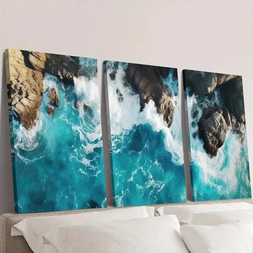 3pcs blue ocean, wave seaside scenery Wall Art Set Canvas Framed 40x60cm – High Quality Print 100% Australian Made Wall Canvas Ready to Hang