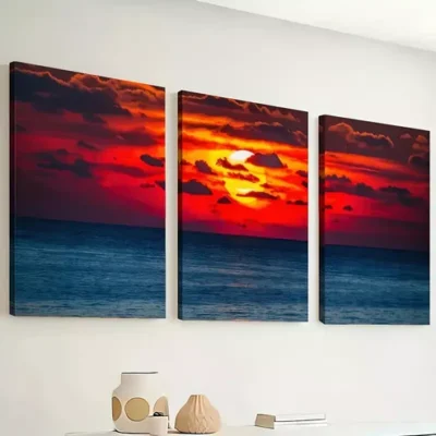 3pcs Simple Style Vibrant ocean sunset scenery Wall Art Set Canvas Framed 40x60cm - High Quality Print 100% Australian Made Wall Canvas Ready to Hang