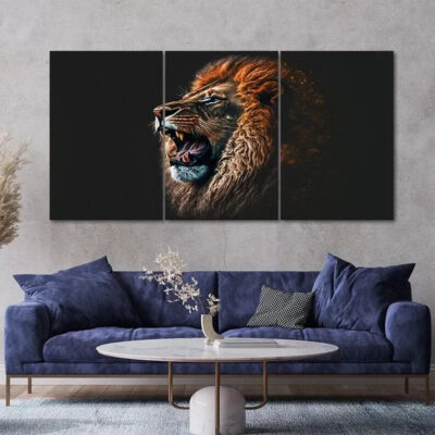 3 Piece Roaring Blue Eyes Lion Canvas Framed 50x70cm- High Quality Print 100% Australian Made Wall Canvas Ready to Hang