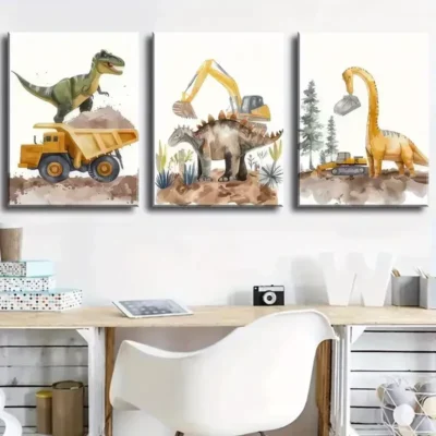 3pcs Dinosaur Construction And Excavation with Dump Trucks Canvas Framed 50x70cm- High Quality Print 100% Australian Made Wall Canvas Ready to Hang