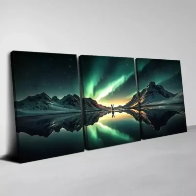 3pcs Charming Aurora Mountains Lake Night Sky Wall Art Set Canvas Framed 50x70cm- High Quality Print 100% Australian Made Wall Canvas Ready to Hang