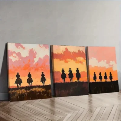 3pcs Three Free cowboys Painting Wall Art Set Canvas Framed 50x70cm - High Quality Print 100% Australian Made Wall Canvas Ready to Hang