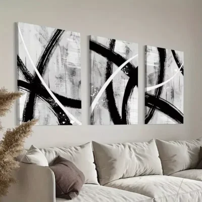 3pcs Black Gray White Geometric Paint Canvas Framed 50x70cm- High Quality Print 100% Australian Made Wall Canvas Ready to Hang