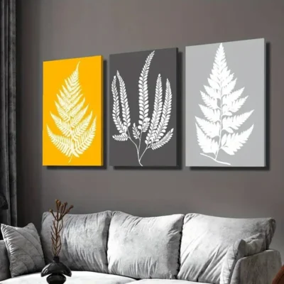 3pcs Mustard Yellow And Grey Leaves Print Wall Art Set Canvas Framed 40x60cm - High Quality Print 100% Australian Made Wall Canvas Ready to Hang