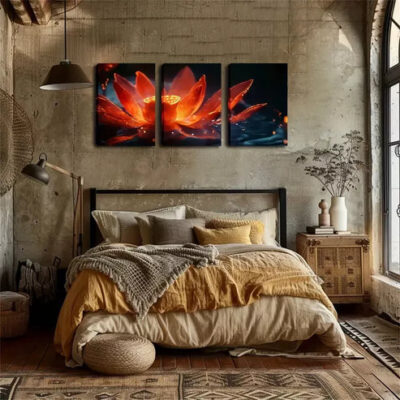 3pcs Vibrant Red Lotus Flower with Golden Accent Wall Art Set Canvas Framed 40x60cm - High Quality Print 100% Australian Made Wall Canvas Ready to Hang