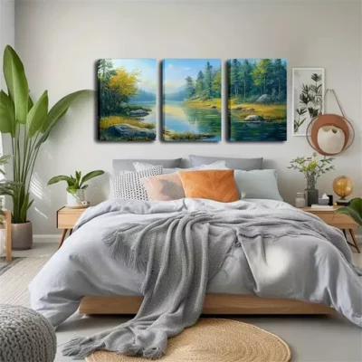 3pcs Spring Stream Landscape with Autumn Leaves, Wall Art Set Canvas Framed 40x60cm - High Quality Print 100% Australian Made Wall Canvas Ready to Hang