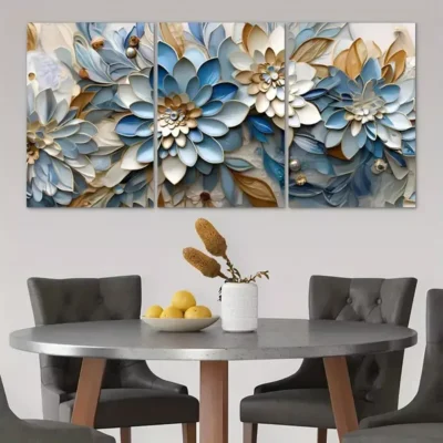 3pcs Blue White & Gold Abstract Flower Canvas Framed 50x70cm- High Quality Print 100% Australian Made Wall Canvas Ready to Hang