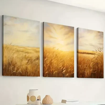 3pcs Golden wheat fields, harvest farm country Wall Art Set Canvas Framed 40x60cm - High Quality Print 100% Australian Made Wall Canvas Ready to Hang