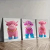 3pcs Pink Highland Cattle Wall Art Set Canvas Framed 50x70cm - High Quality Print 100% Australian Made Wall Canvas Ready to Hang