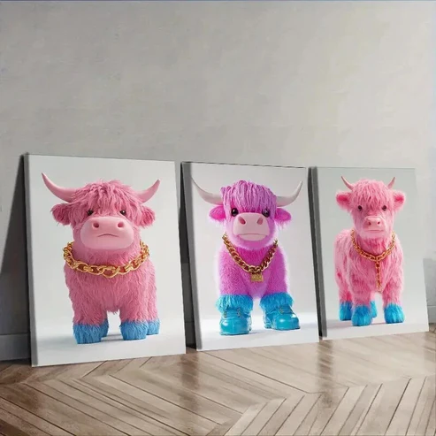 3pcs Pink Highland Cattle Wall Art Set Canvas Framed 50x70cm – High Quality Print 100% Australian Made Wall Canvas Ready to Hang