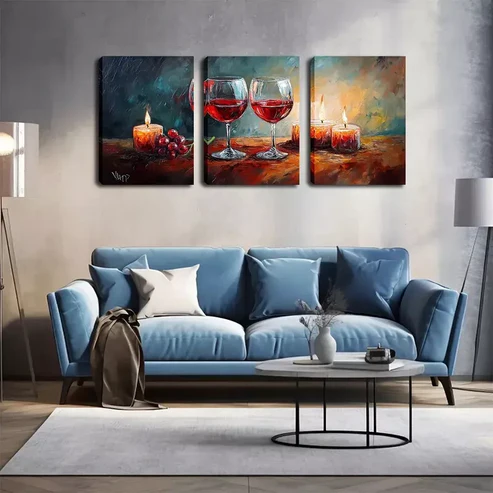 3pcs Two Glasses Of Red Wine And Candles Wall Art Set Canvas Framed 40x60cm – High Quality Print 100% Australian Made Wall Canvas Ready to Hang