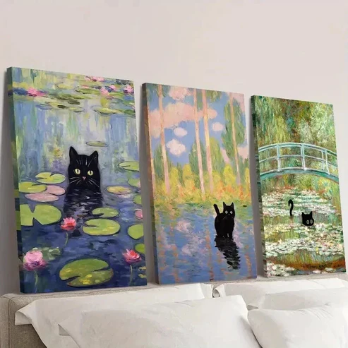 3pcs Black Cat Inspired by Monet Wall Art Set Canvas Framed 50x70cm – High Quality Print 100% Australian Made Wall Canvas Ready to Hang