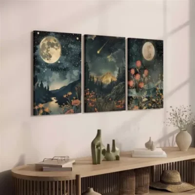 3pcs Moon & Wildflowers Mountain Canvas Framed 50x70cm- High Quality Print 100% Australian Made Wall Canvas Ready to Hang