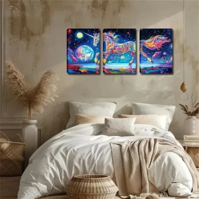 3pcs Celestial Horse Design Wall Art Set Canvas Framed 50x70cm - High Quality Print 100% Australian Made Wall Canvas Ready to Hang
