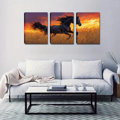 3pcs Running Horse In Rice Elegant Style Wall Art Set Canvas Framed 50x70cm - High Quality Print 100% Australian Made Wall Canvas Ready to Hang