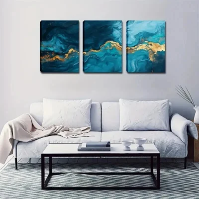 3pcs Dreamy Blue Ocean with Golden Accents Wall Art Set Canvas Framed 50x70cm - High Quality Print 100% Australian Made Wall Canvas Ready to Hang