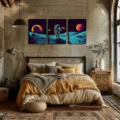 3pcs  Astronaut Landing on Moon Triptych Wall Art Set Canvas Framed 50x70cm - High Quality Print 100% Australian Made Wall Canvas Ready to Hang