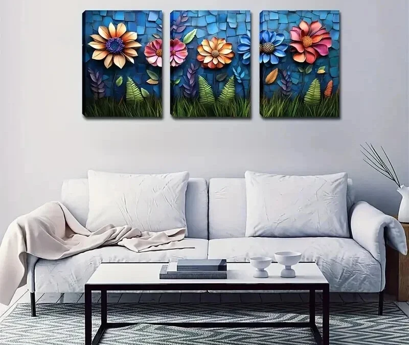 3pcs Weird Flowers On Green Grass Modern  Wall Art Set Canvas Framed 50x70cm – High Quality Print 100% Australian Made Wall Canvas Ready to Hang