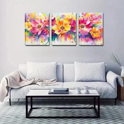 3pcs  Bright Colors Splash Flower  Wall Art Set Canvas Framed 50x70cm - High Quality Print 100% Australian Made Wall Canvas Ready to Hang