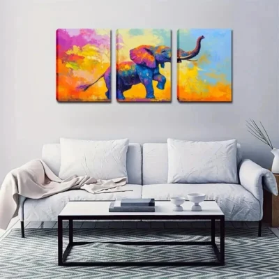 3pcs Vibrant Colorful Elephant Modern Wall Art Set Canvas Framed 50x70cm - High Quality Print 100% Australian Made Wall Canvas Ready to Hang