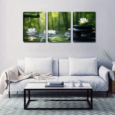 3pcs Serene Bamboo Forest with for Lotus Flowers Wall Art Set Canvas Framed 50x70cm - High Quality Print 100% Australian Made Wall Canvas Ready to Hang