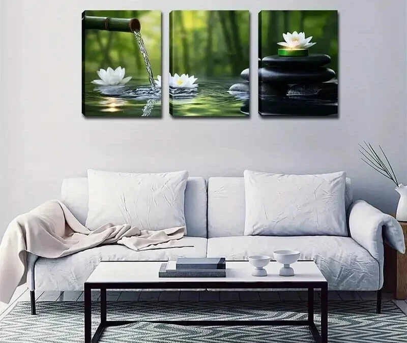 3pcs Serene Bamboo Forest with for Lotus Flowers Wall Art Set Canvas Framed 50x70cm – High Quality Print 100% Australian Made Wall Canvas Ready to Hang