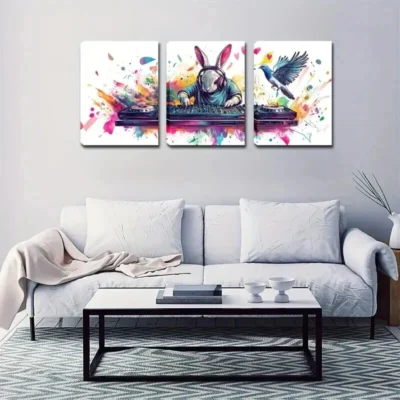 3pcs Blue Bird and rabbit cartoon style Wall Art Set Canvas Framed 50x70cm - High Quality Print 100% Australian Made Wall Canvas Ready to Hang