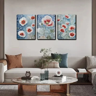 3pcs The Red And White Flowers in Embroidery Wall Art Set Canvas Framed 40x60cm - High Quality Print 100% Australian Made Wall Canvas Ready to Hang