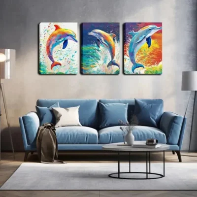 3pcs The Colorful Dolphins Leaping from the Sea Wall Art Set Canvas Framed 40x60cm - High Quality Print 100% Australian Made Wall Canvas Ready to Hang