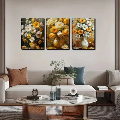 3pcs Yellow And White Flowers in Vases Wall Art Set Canvas Framed 40x60cm - High Quality Print 100% Australian Made Wall Canvas Ready to Hang
