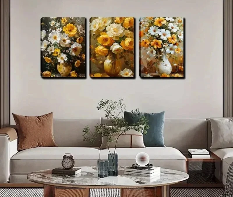 3pcs Yellow And White Flowers in Vases Wall Art Set Canvas Framed 40x60cm – High Quality Print 100% Australian Made Wall Canvas Ready to Hang