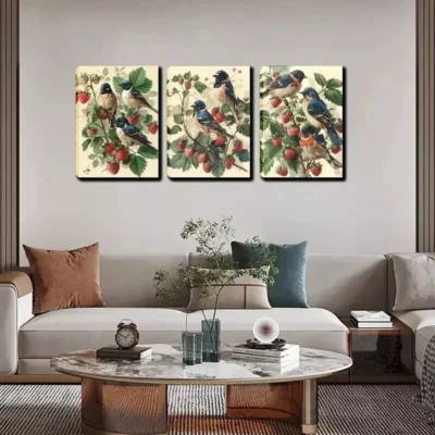 3pcs Birds on Strawberry Bushes Wall Art Set Canvas Framed 40x60cm - High Quality Print 100% Australian Made Wall Canvas Ready to Hang