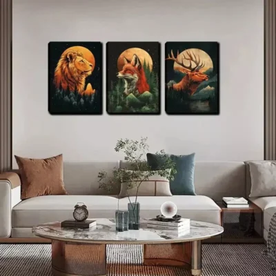 3pcs Lion, Fox And Deer In The Forest Wall Art Set Canvas Framed 40x60cm - High Quality Print 100% Australian Made Wall Canvas Ready to Hang