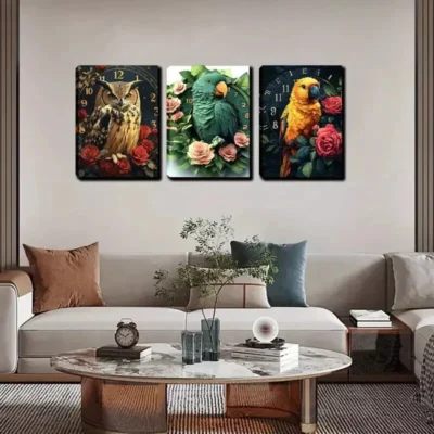 3pcsCat Head Owl, Bird & Clock Floral Animal Wall Art Set Canvas Framed 40x60cm - High Quality Print 100% Australian Made Wall Canvas Ready to Hang